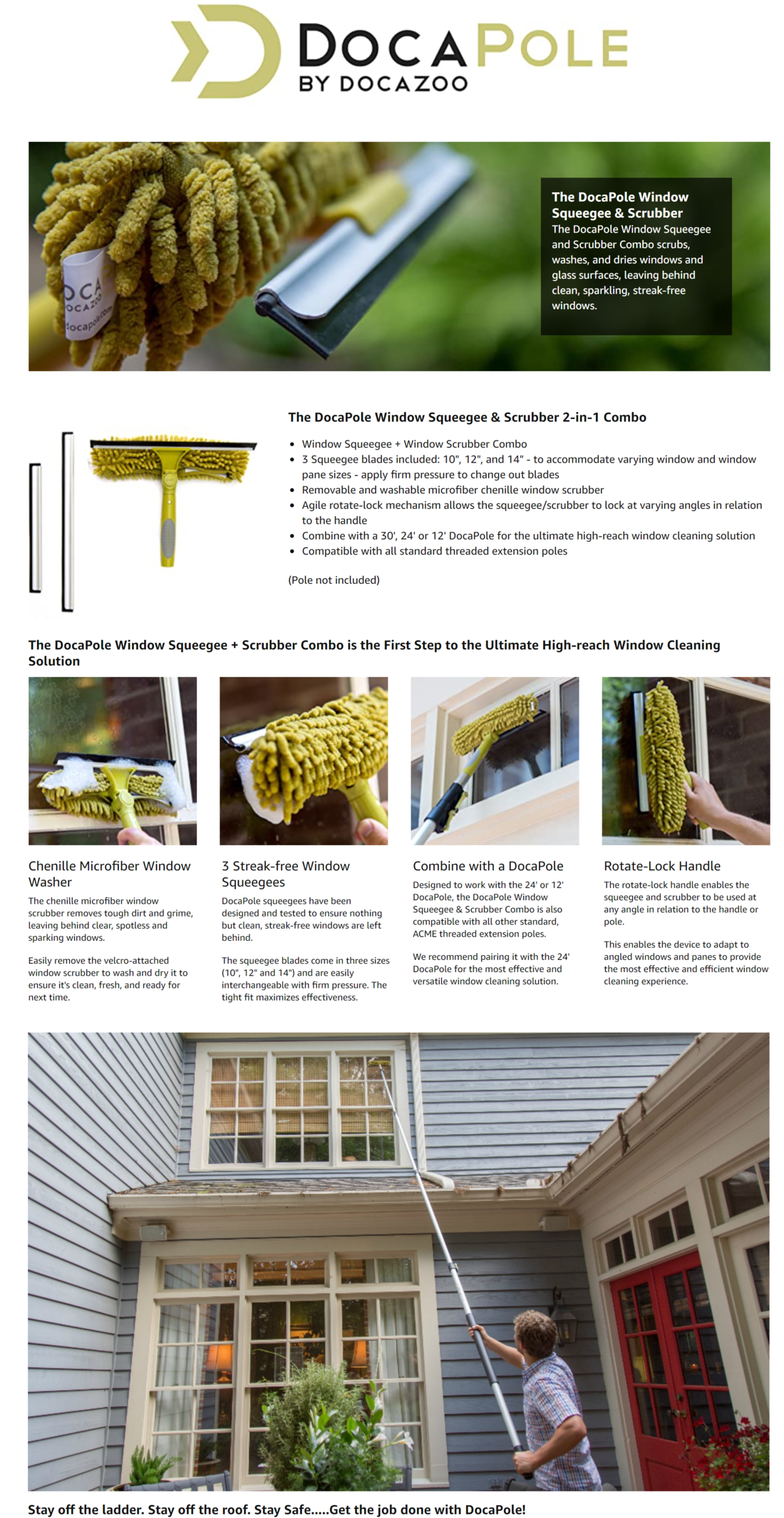 DocaPole 12 in. Window Squeegee Plus Scrubber Combo Attachment with Handle (Includes 10 in., 12